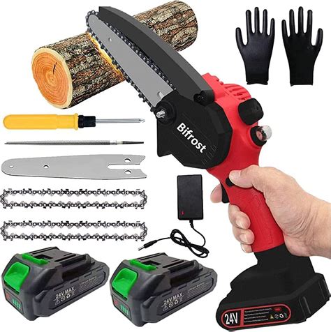8-volt battery only comes with 1 but additional batteries can be bought. . Hand held mini chainsaw
